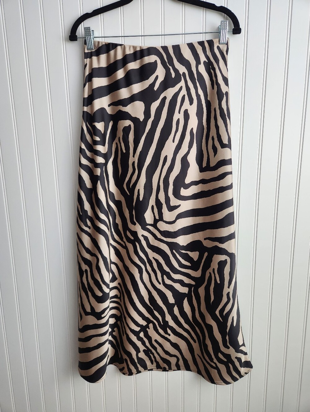 NEW H&M Black Tan Zebra Animal Print Satin Slip Midi Skirt Small